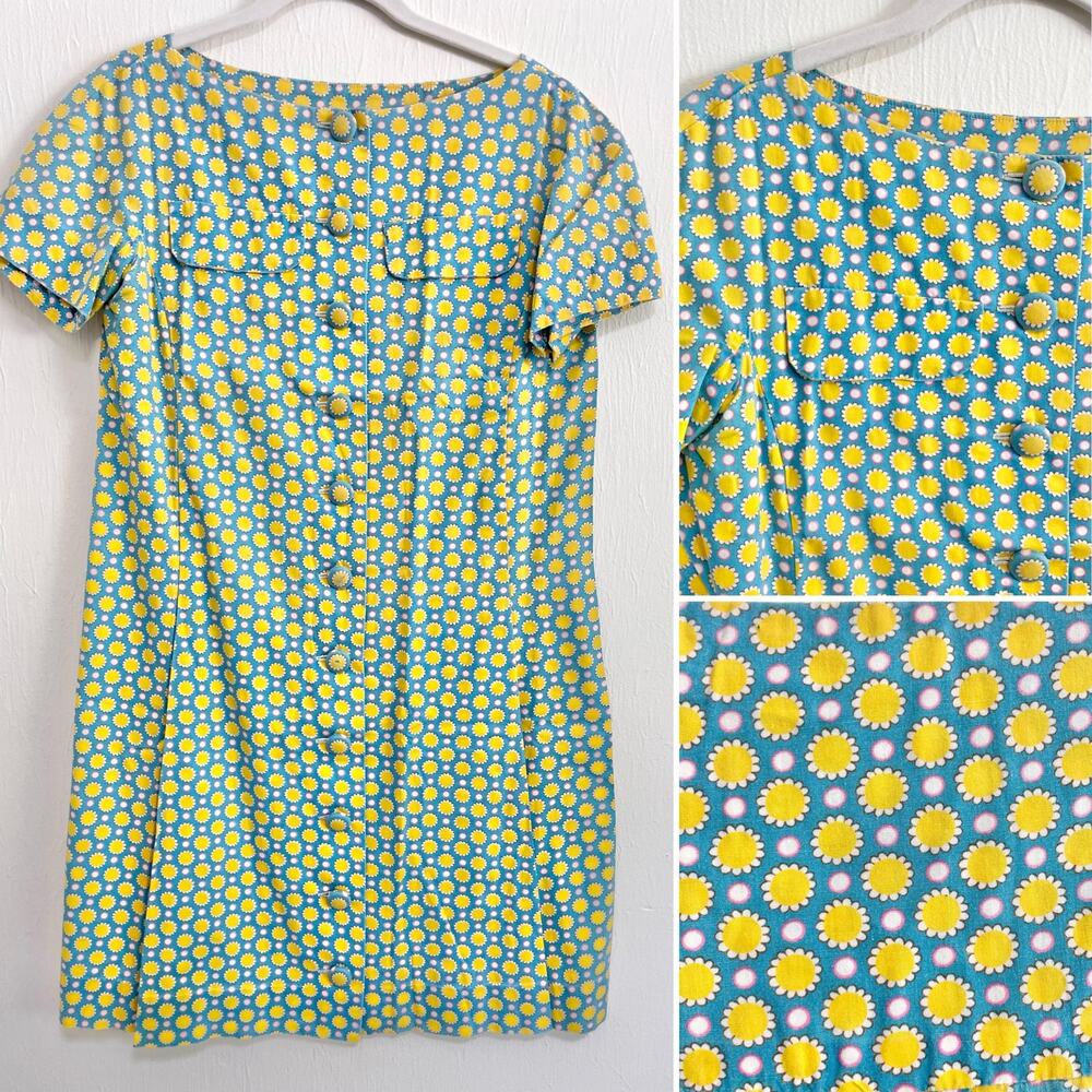 Womens 60s 70s Short Sleeve Mini Shift Dress Retro Mod Floral Twee Colorful Boxy